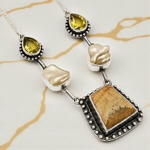 S925 Silver Boho Statement Necklace Picture Jasper Citrine Pearl Artisan 18.5"